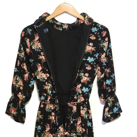 ModCloth Floral Ruffle Mock Neck Front Tie Waist Black Midi Dress Size S - Picture 13 of 16